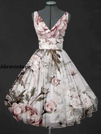 Retro Floral Print V-Neck 50’S Sleeveless Midi Dress A / S