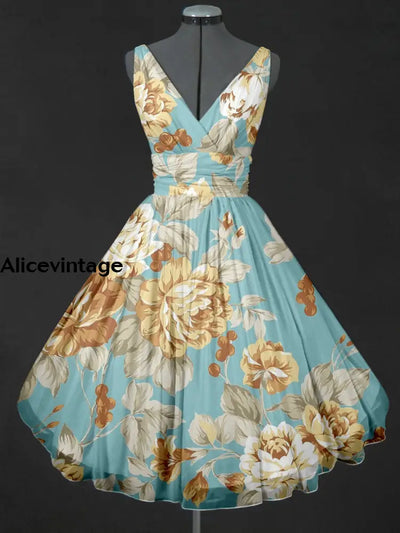 Retro Floral Print V-Neck 50’S Sleeveless Midi Dress A / S