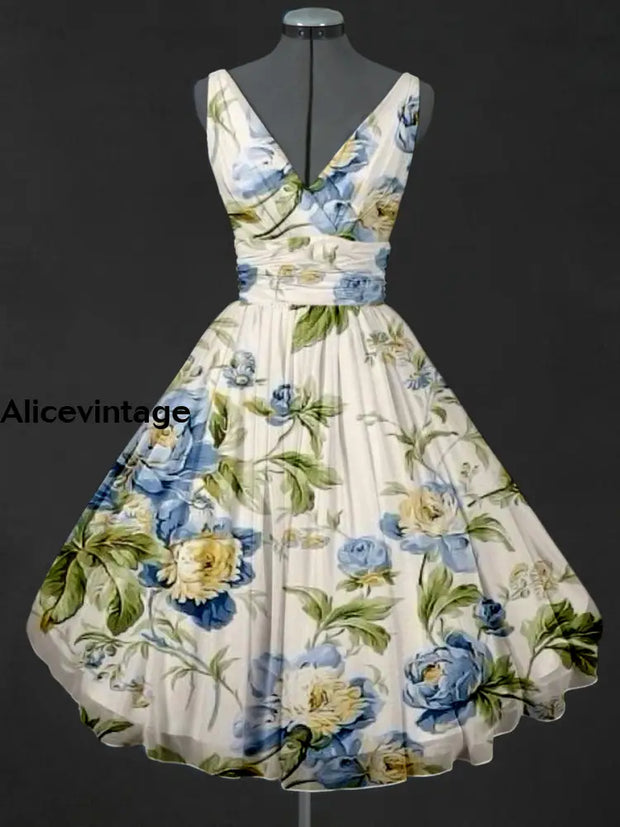 Retro Floral Print V-Neck 50’S Sleeveless Midi Dress A / S