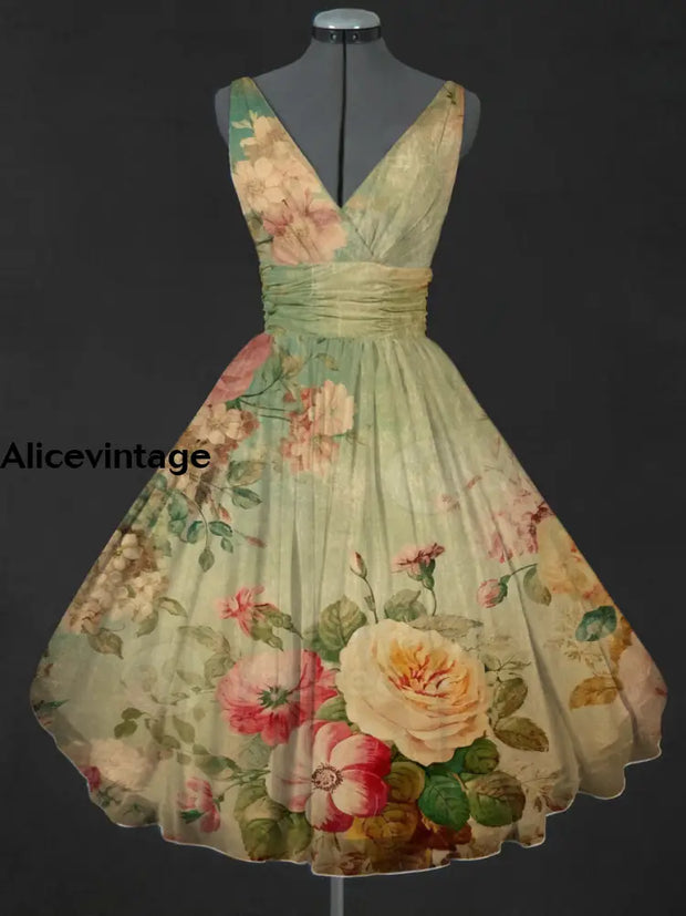 Retro Floral Print V-Neck 50’S Sleeveless Midi Dress A / S