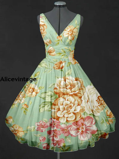 Retro Floral Print V-Neck 50’S Sleeveless Midi Dress A / S