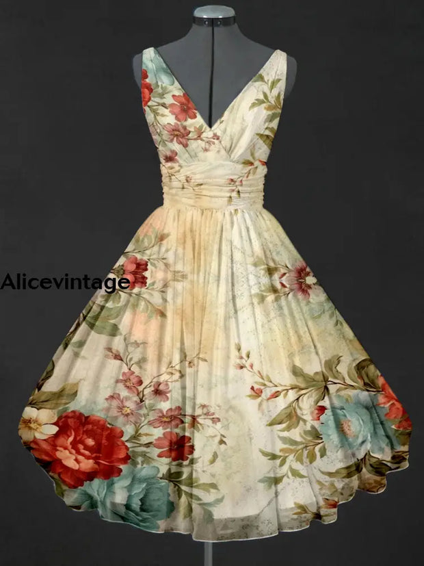 Retro Floral Print V-Neck 50’S Sleeveless Midi Dress A / S