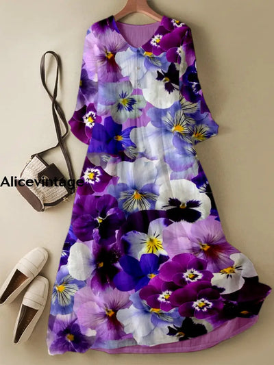 Retro Floral Print V-Neck Chic Half Sleeve Loose Midi Dress A / S