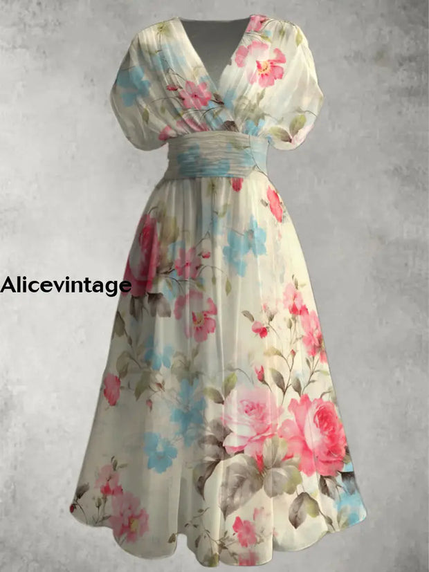 Retro Floral Print V-Neck Chic Short Sleeve Maxi Dress A / S