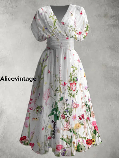 Retro Floral Print V-Neck Chic Short Sleeve Maxi Dress A / S