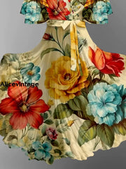 Retro Floral Print V-Neck Chic Short Sleeve Midi Dress