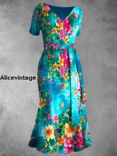 Retro Floral Print V-Neck Chic Short Sleeve Midi Dress A / S