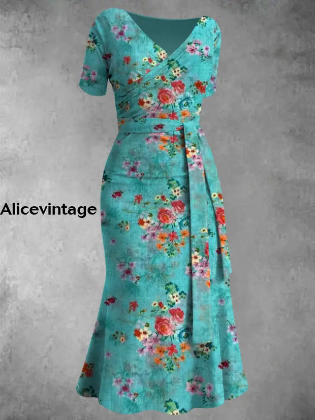 Retro Floral Print V-Neck Chic Short Sleeve Midi Dress A / S