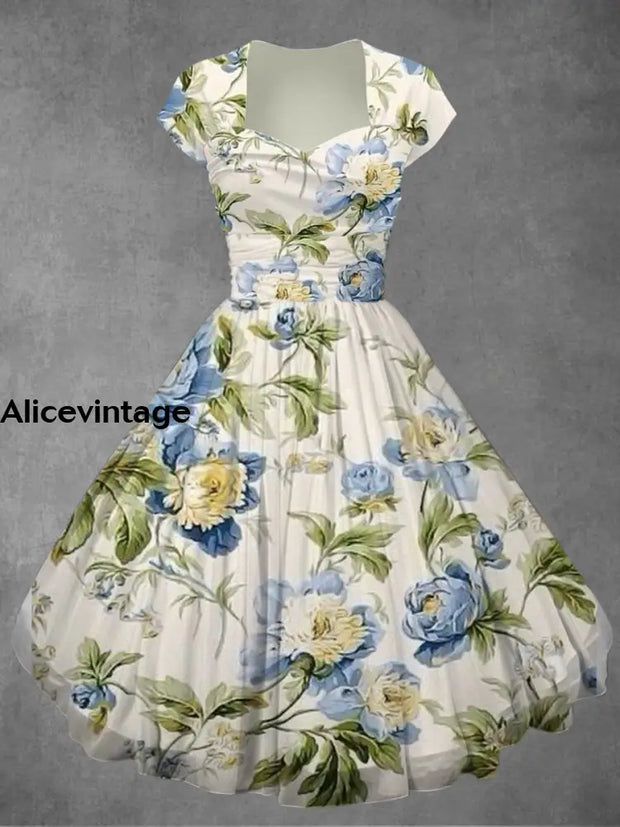 Retro Floral Print V-Neck Elegant Chic Short Sleeve Midi Dress A / S