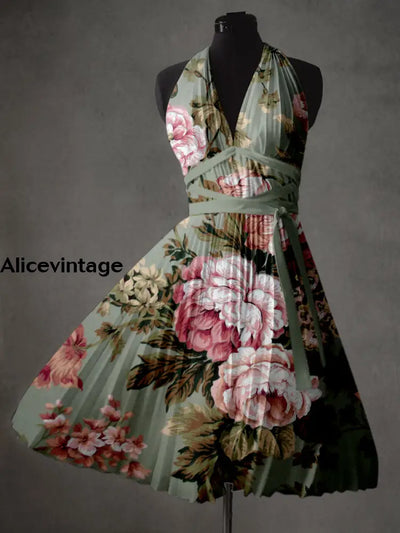 Retro Floral Print V-Neck Elegant Chic Sleeveless Midi Dress A / S