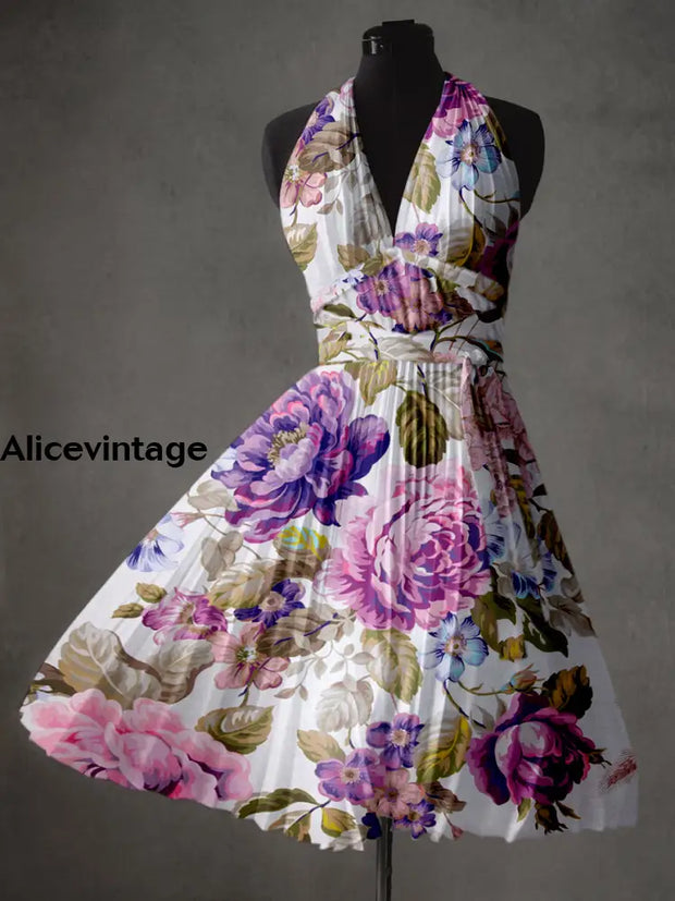 Retro Floral Print V-Neck Elegant Chic Sleeveless Midi Dress A / S