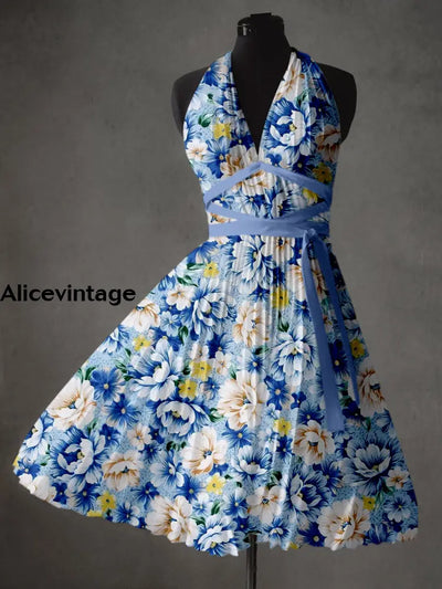 Retro Floral Print V-Neck Elegant Chic Sleeveless Midi Dress A / S