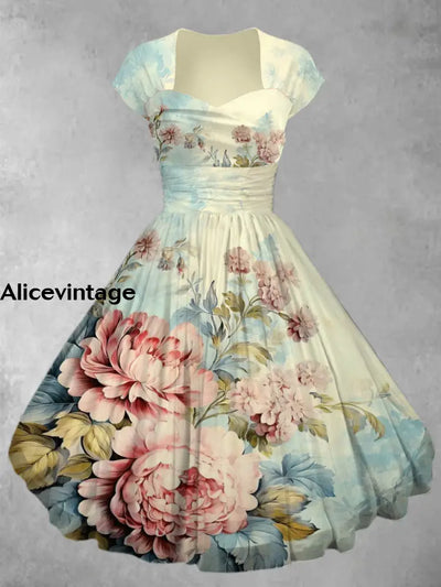 Retro Floral Print V-Neck Elegant Short Sleeve Mulitilayer Midi Dress A / S