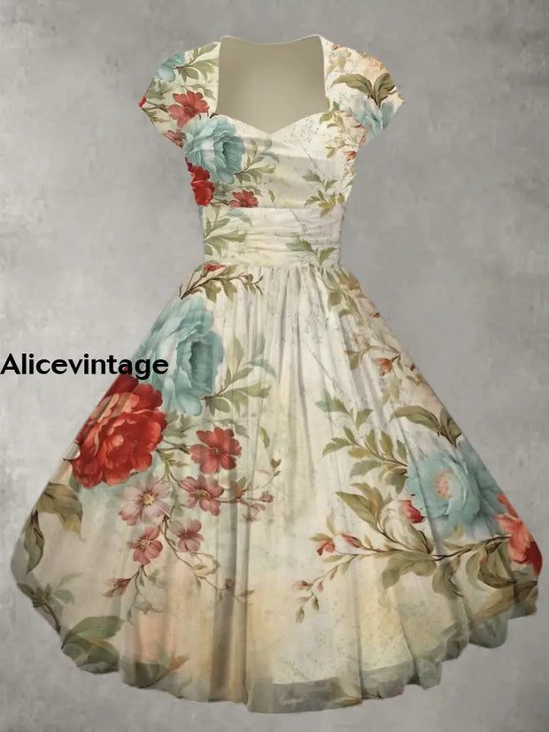 Retro Floral Print V-Neck Elegant Short Sleeve Mulitilayer Midi Dress A / S