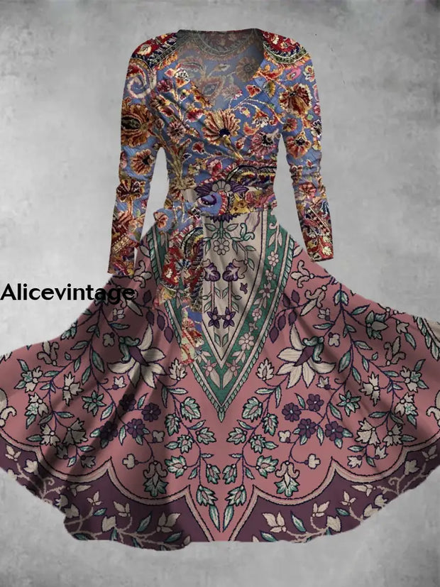 Retro Floral Print V-Neck Long Sleeve Two-Piece Midi Dress A / S