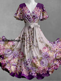 Retro Floral Print V-Neck Short Sleeve Vintage Dress A / S
