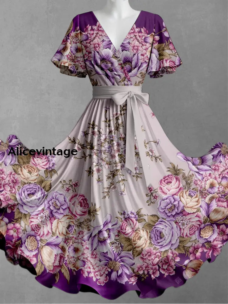 Retro Floral Print V-Neck Short Sleeve Vintage Dress A / S