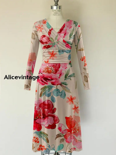 Retro Floral Print V-Neck Vintage Fashion Long Sleeve Midi Dress A / S