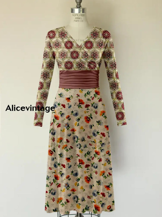 Retro Floral Print V-Neck Vintage Fashion Long Sleeve Midi Dress A / S