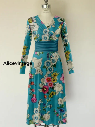 Retro Floral Print V-Neck Vintage Fashion Long Sleeve Midi Dress A / S