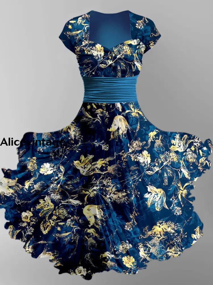 Retro Floral Print Vintage Chic Short Sleeve Midi Dress A / S