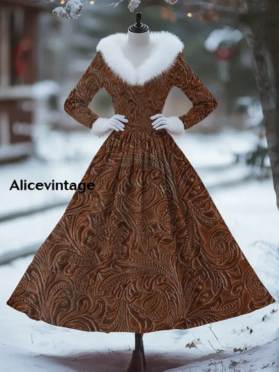 Art Print Vintage Elegant Fur Collar Long Sleeve Midi Dress A / S