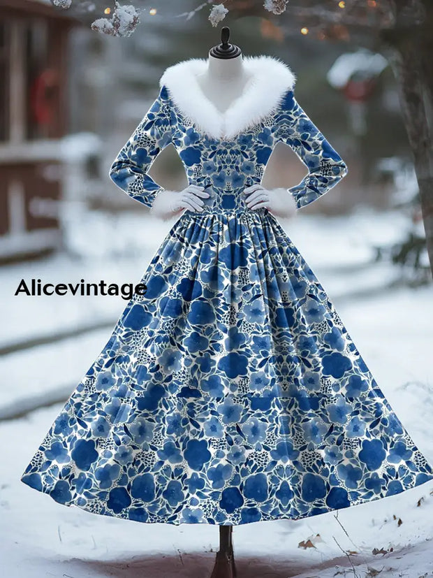 Retro Floral Print Vintage Elegant Fur Collar Long Sleeve Midi Dress A / S