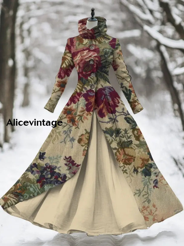 Retro Floral Print Vintage Elegant Long Sleeve Fake Two Piece Maxi Dress A / S