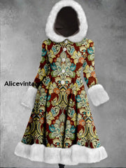 Retro Floral Print Vintage Elegant Long Sleeve Fur Hooded Coat Dress