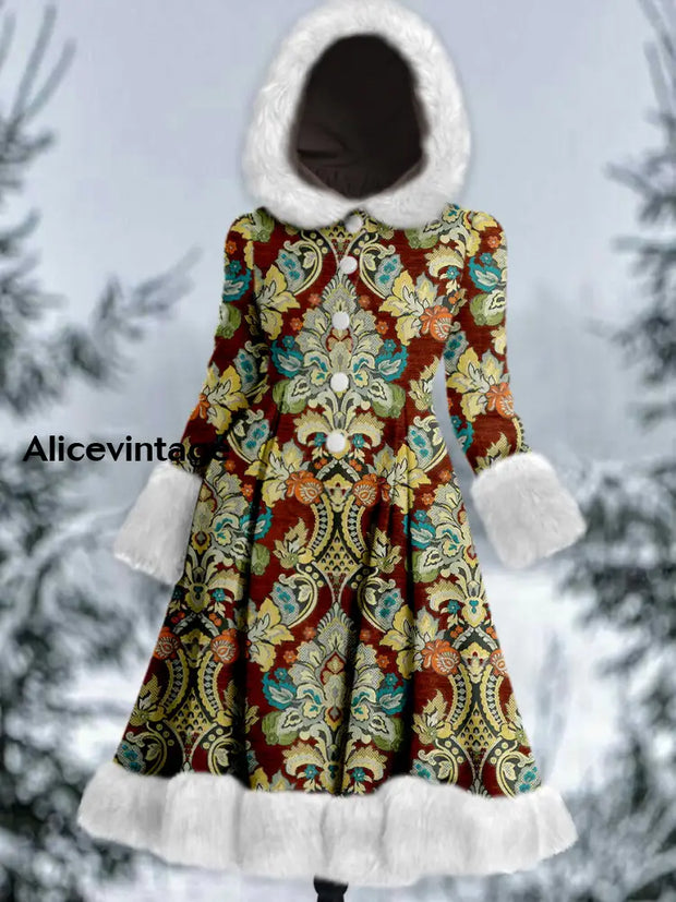 Retro Floral Print Vintage Elegant Long Sleeve Fur Hooded Coat Dress A / S