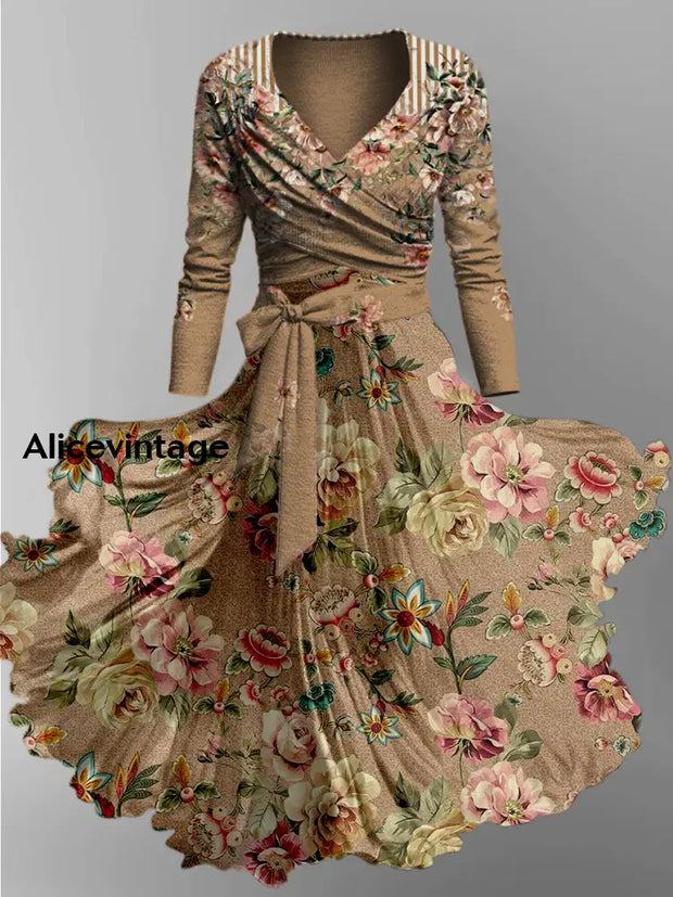 Retro Floral Print Vintage Elegant V-Neck Long Sleeve Two-Piece Midi Dress A / S