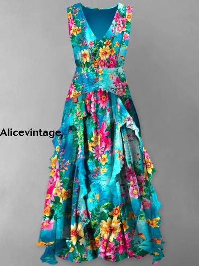 Retro Floral Print Vintage V-Neck Elegant Chic Sleeveless Maxi Dress A / S