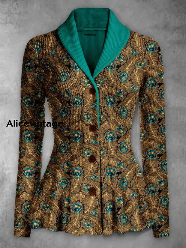 Retro Floral Printed Elegant Lapel V-Neck Button Up Thick Knit Long-Sleeved Cardigan Sweater A / S