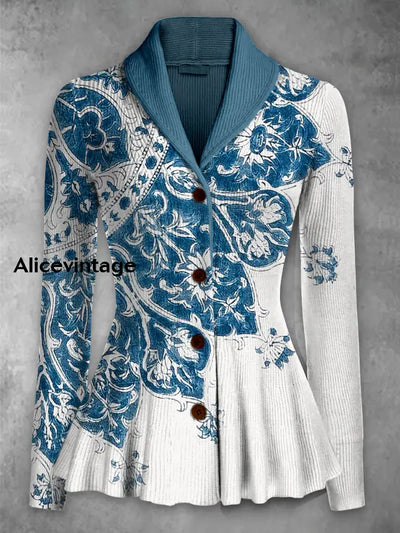 Retro Floral Printed Elegant Lapel V-Neck Button Up Thick Knit Long-Sleeved Cardigan Sweater A / S