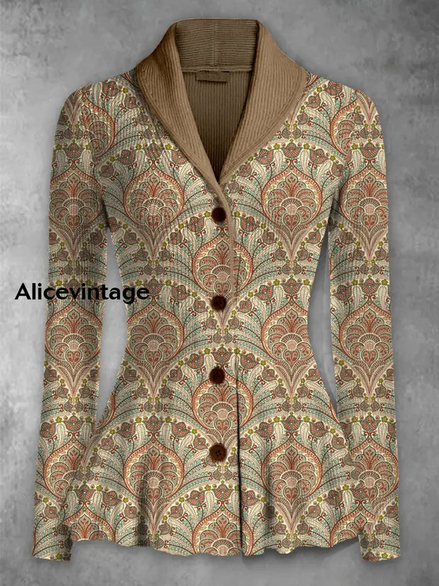 Retro Floral Printed Elegant Lapel V-Neck Button Up Thick Knit Long-Sleeved Cardigan Sweater A / S