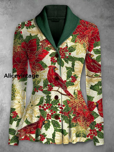 Retro Floral Printed Elegant Lapel V-Neck Button Up Thick Knit Long-Sleeved Cardigan Sweater A / S