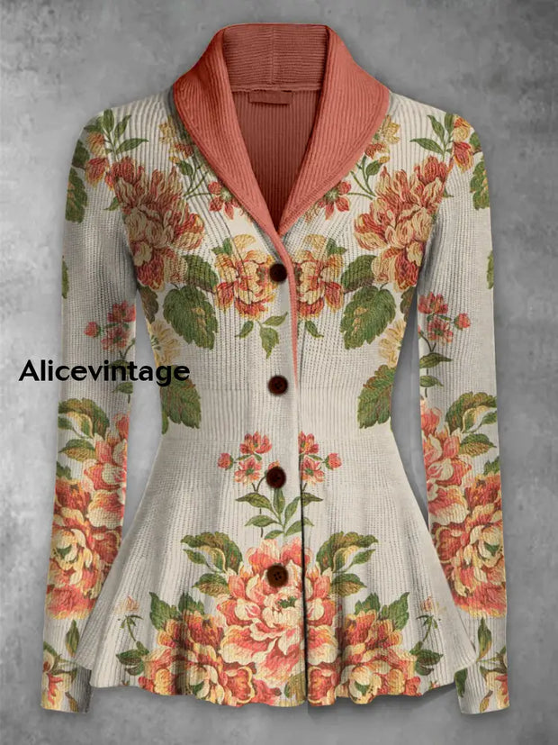 Retro Floral Printed Elegant Lapel V-Neck Button Up Thick Knit Long-Sleeved Cardigan Sweater A / S