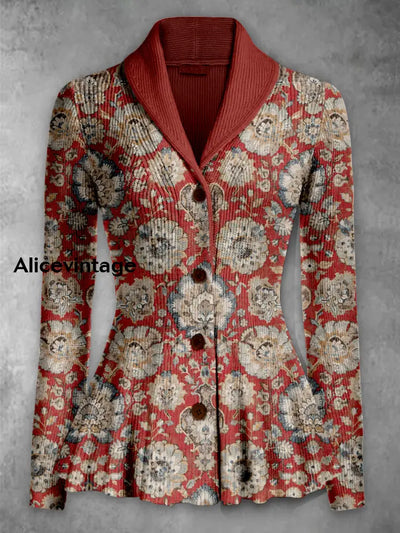 Retro Floral Printed Elegant Lapel V-Neck Button Up Thick Knit Long-Sleeved Cardigan Sweater A / S