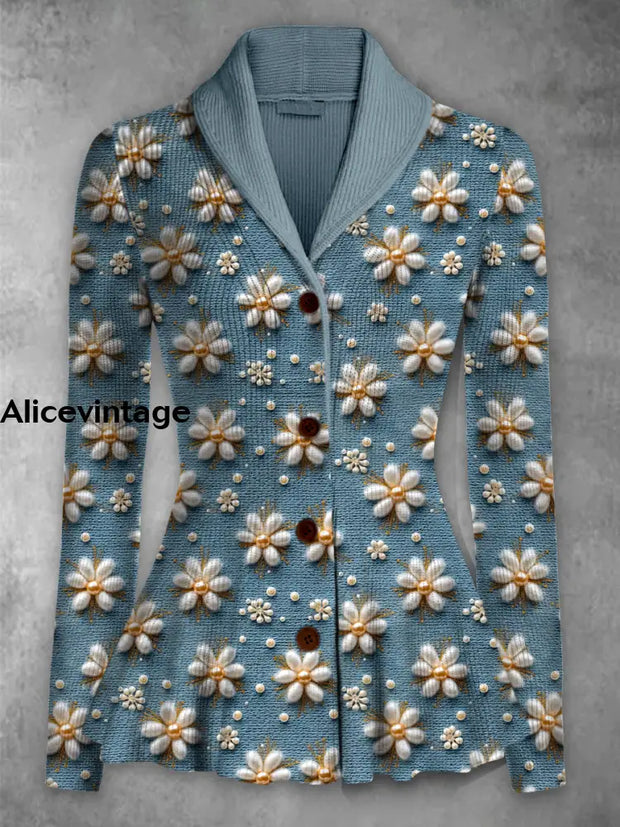 Retro Floral Printed Elegant Lapel V-Neck Button Up Thick Knit Long-Sleeved Cardigan Top A / S