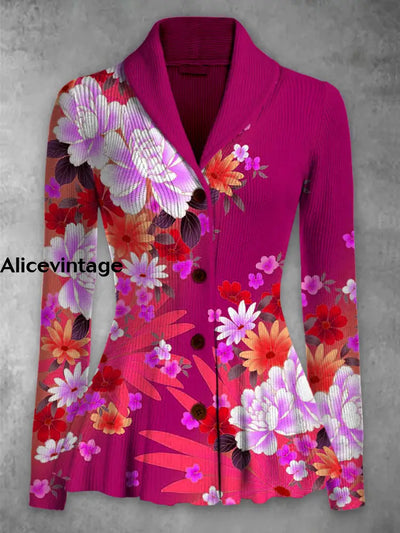 Retro Floral Printed Elegant Lapel V-Neck Button Up Thick Knit Long-Sleeved Cardigan Top A / S