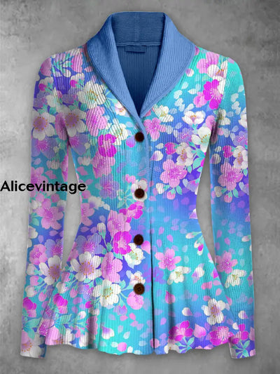 Retro Floral Printed Elegant Lapel V-Neck Button Up Thick Knit Long-Sleeved Cardigan Top A / S