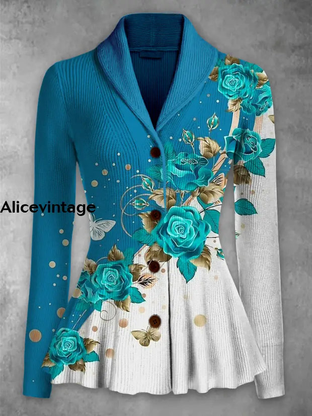 Retro Floral Printed Elegant Lapel V-Neck Button Up Thick Knit Long-Sleeved Cardigan Top A / S