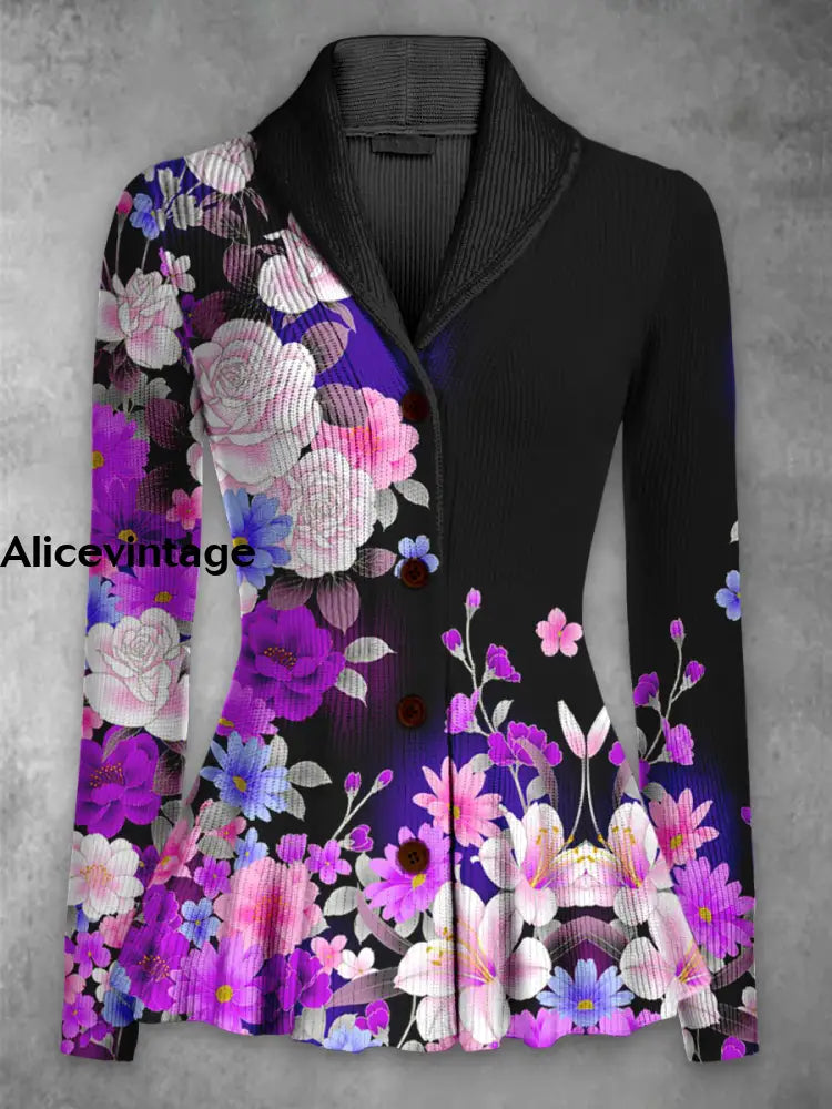 Retro Floral Printed Elegant Lapel V-Neck Button Up Thick Knit Long-Sleeved Cardigan Top A / S