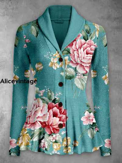 Retro Floral Printed Elegant Lapel V-Neck Button Up Thick Knit Long-Sleeved Cardigan Top A / S