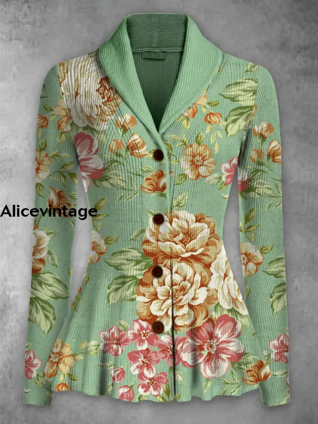 Retro Floral Printed Elegant Lapel V-Neck Button Up Thick Knit Long-Sleeved Cardigan Top A / S