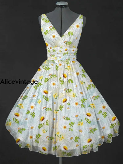 Retro Floral Printed V-Neck 50’S Vintage Fashion Sleeveless Midi Dress A / S