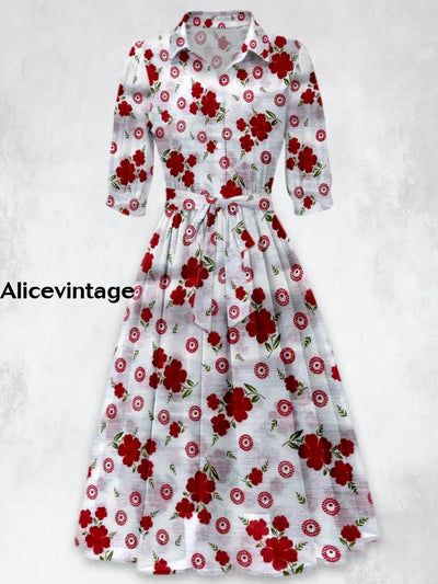 Retro Floral Printed Vintage 50’S Belt Short Sleeve Lapel Collar Maxi Dress A / S