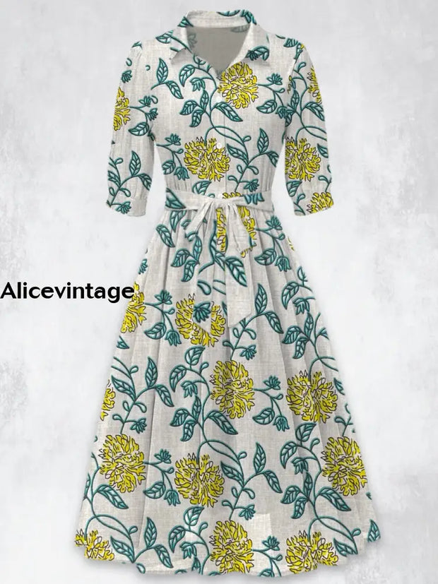 Retro Floral Printed Vintage 50’S Belt Short Sleeve Lapel Collar Maxi Dress A / S