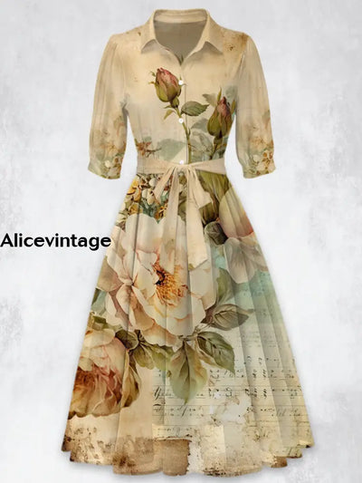 Retro Floral Printed Vintage 50’S Belt Short Sleeve Lapel Collar Maxi Dress A / S