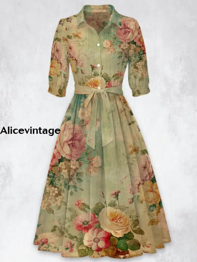 Retro Floral Printed Vintage 50’S Belt Short Sleeve Lapel Collar Maxi Dress A / S